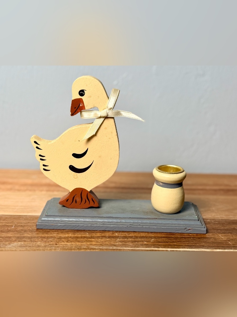 Vintage Wooden Goose Candle Holder, Taiwan Folk Art Goose Decor